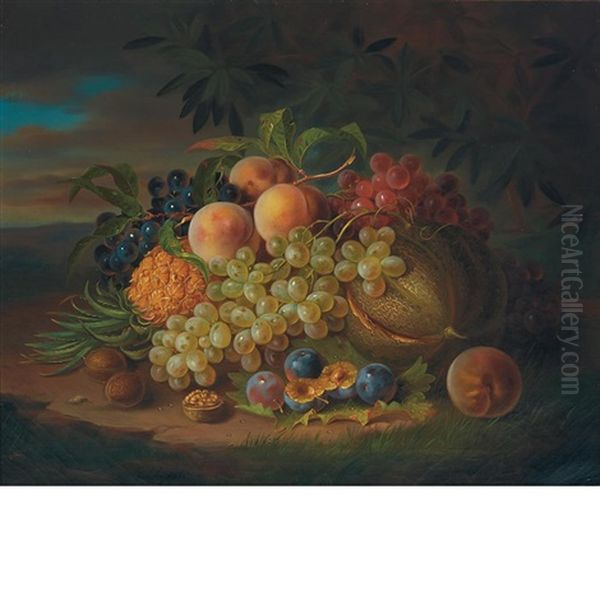 Still Life With Fruit And Walnuts In A Landscape Oil Painting by George Forster