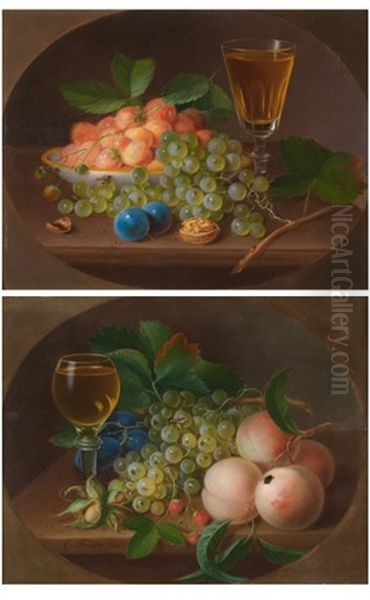 Natures Mortes De Fruits Avec Un Verre De Vin Sur Un Entablement (pair) Oil Painting by George Forster