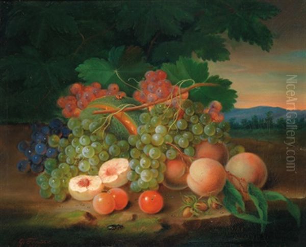 Stilleben Mit Fruchten, Trauben, Melone, Pfirsichen Und Haselnussen Oil Painting by George Forster