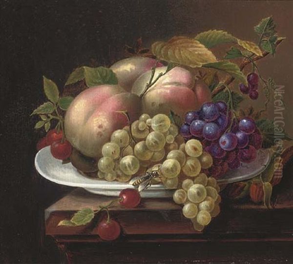 Peaches, Grapes And Cherries On A Plate Oil Painting by George Forster