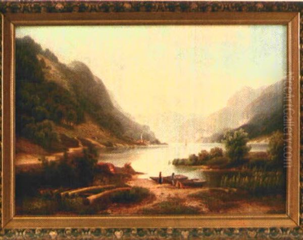 Ideallandschaft Mit Einem Von Bergen Umgebenen See Und Staffage Oil Painting by Arnold Forstmann