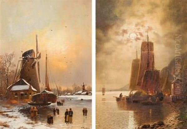 Rheinhafen Im Mondschein (+ Winterabend Am Flus; Pair) Oil Painting by Arnold Forstmann