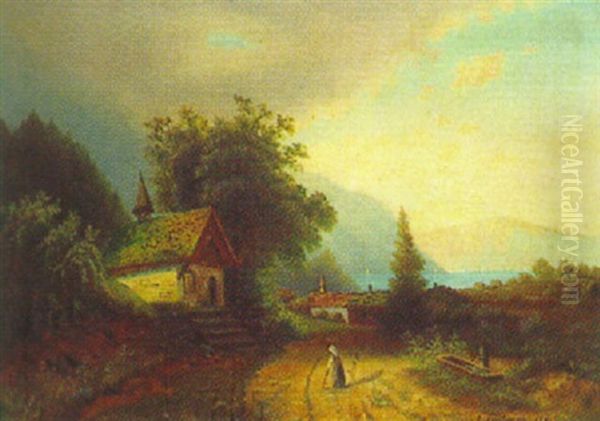 Seelandschaft Mit Dorf Und Brunnen Oil Painting by Arnold Forstmann