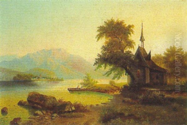 Gebirgsee Mit Fischerboot Und Kapelle Oil Painting by Arnold Forstmann