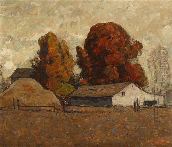 Early In The Morning, Barn And Haystack In Autumn Oil Painting by William Forsyth