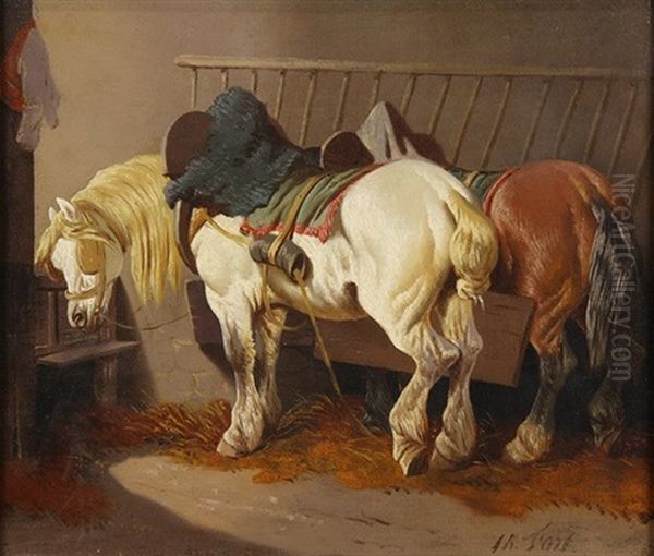 Horses In A Barn Oil Painting by Theodore Fort