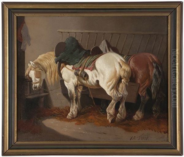 Horses In A Stable Oil Painting by Theodore Fort