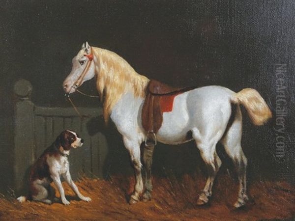 Horse With A Dog In A Stable Oil Painting by Theodore Fort