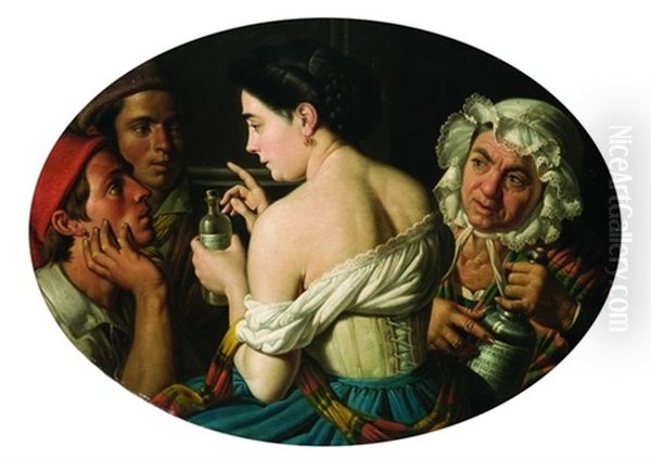 Le Venditrici Di Elisir Con Due Giovani Popolani (+ Anziana Venditrice Di Elisir Con Un Pittore; 2 Works) Oil Painting by Gaetano Forte