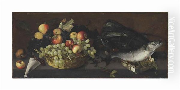 Apples And Grapes In A Basket With Fish On A Stone Ledge Oil Painting by Luca Forte