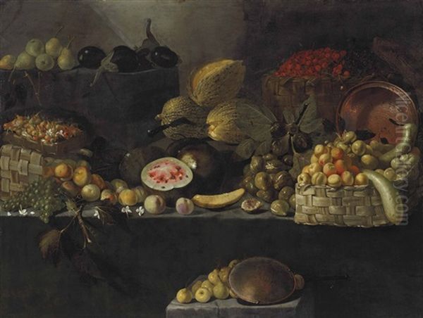 A Basket Of Apples, Calabashes, An Upturned Copper Vessel, Figs, Melons, And Other Fruit On Rocky Ledges Oil Painting by Luca Forte