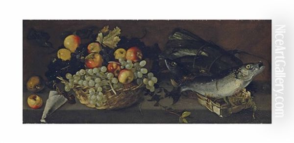 Fruits Varies Dans Un Panier Et Poissons Sur Un Entablement En Pierre Oil Painting by Luca Forte