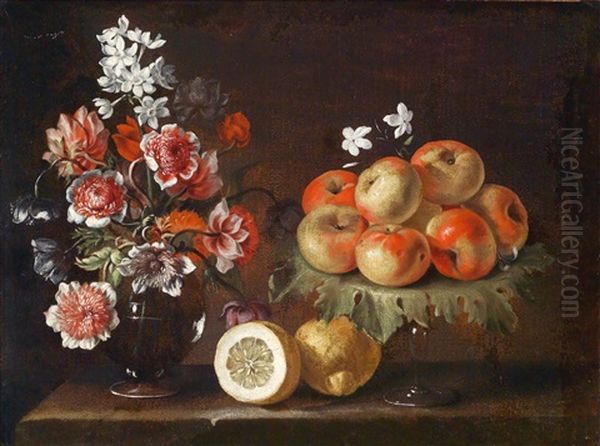 Stillleben Mit Zitronen, Apfeln Und Blumen (natura Morta Di Limoni Mele E Fiori) Oil Painting by Luca Forte