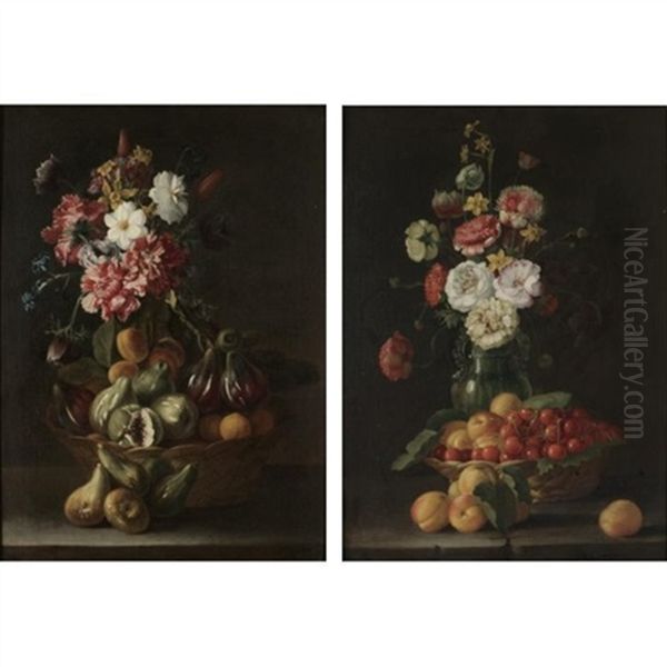 Still Life With A Basket Of Figs And Plums Together With A Bouquet Of Flowers (+ Still Life With A Basket Of Peaches And Cherries Together With A Bouquet Of Flowers In An Earthenware Vase; Pair) by Luca Forte