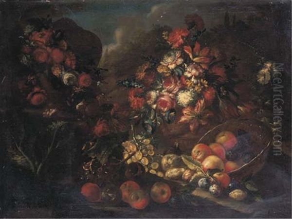 Tulips, Carnations, Roses And Other Flowers In A Vase, With Flower Garlands Draped Around An Urn On A Stone Pedestal, With Fruits And Flowers On A Forest Floor Oil Painting by Luca Forte