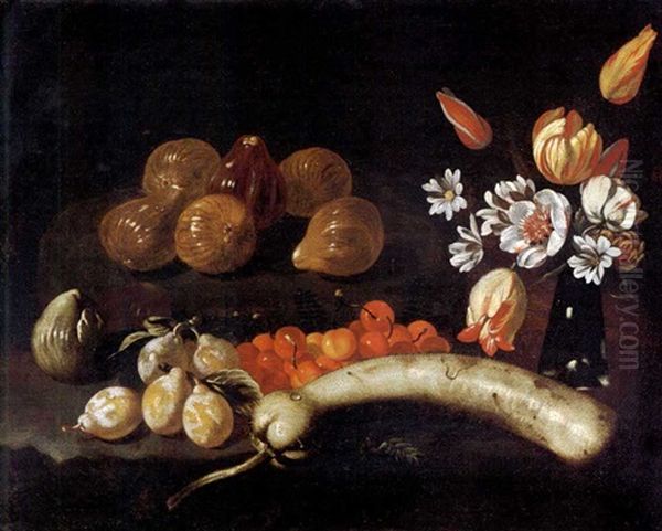 Natura Morta Di Pere, Ciliegie, Zucca E Fichi Con Vaso Di Fiori Oil Painting by Luca Forte