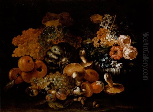 Mushrooms, Plums, Peaches, Grapes And Other Fruit In A Landscape With A Silver Gilt Vase Of Narcissi, Roses, Delphiniums And Other Flowers Oil Painting by Luca Forte