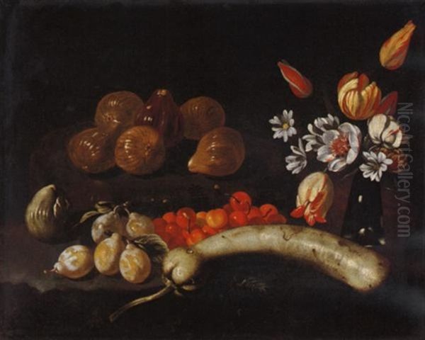 Natura Morta Di Pere, Ciliegie, Zucca E Fichi Con Vaso Di Fiori Oil Painting by Luca Forte