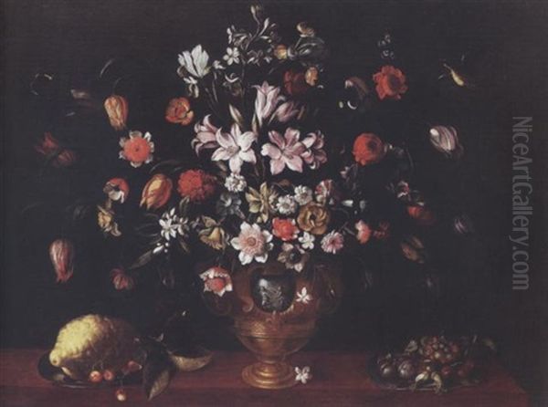 Tulips, Carnations, Lilies, Narcissi And Other Flowers In An Urn With Plums, Cherries And Other Fruit On A Salver And A Lemon With Cherries On A Salver With Two Butterflies And A Bird Oil Painting by Luca Forte