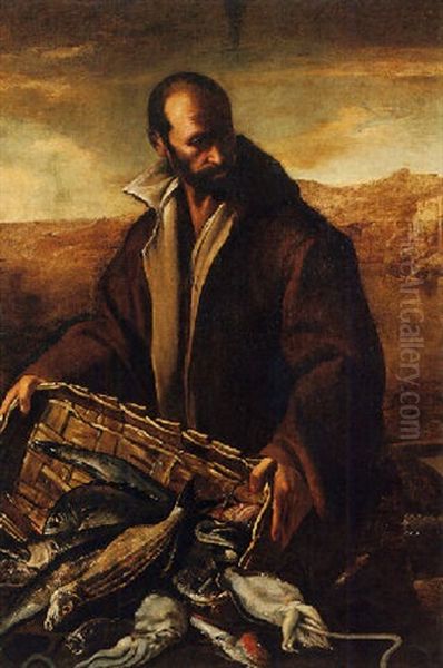 A Still Life With A Fisherman, Pouring His Catch From A Basket Oil Painting by Luca Forte