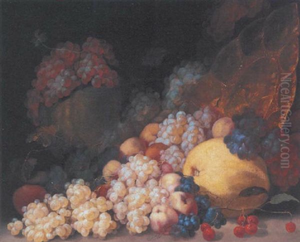 Grapes, Cherries, Peaches, A Melon, A Lemon And Gilt Platter Oil Painting by Luca Forte