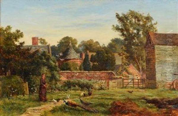 A Woman Feeding Peacocks, Doves And Poultry By A Garden Wall, View To Stable Buildings And A Country House Beyond Oil Painting by William Banks Fortescue