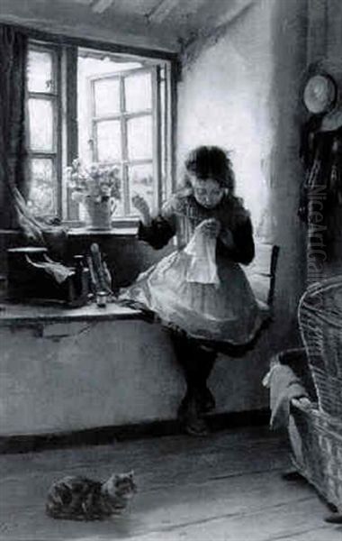 Young Girl Sewing By Window Oil Painting by William Banks Fortescue