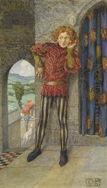 But Mordred Laid His Ear Beside The Door And There Half Heard - The Coming Of Arthur Oil Painting by Eleanor Fortescue-Brickdale