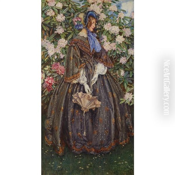 Victorian Lady Standing Before A Large Rhododendron Oil Painting by Eleanor Fortescue-Brickdale