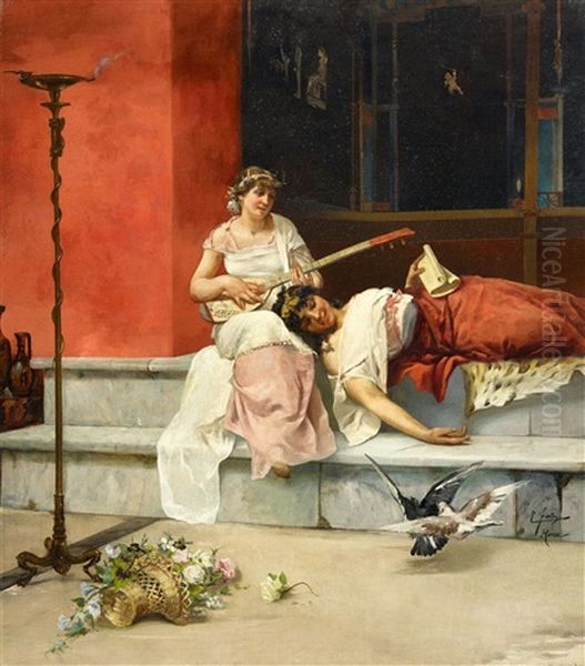 Classical Roman Interior With Two Young Ladies Oil Painting by Ettore Forti