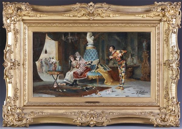 Masquerade Interior Scene W/jester Oil Painting by Ettore Forti