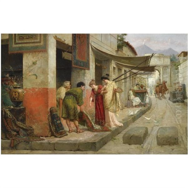 Carpet Merchant In Pompeii Oil Painting by Ettore Forti