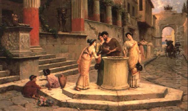 Pompeians Gathered At A Well Oil Painting by Ettore Forti