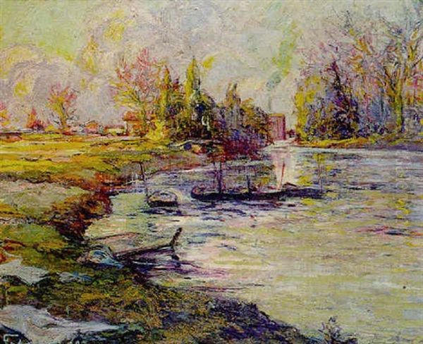 Embarcations Sur La Riviere Oil Painting by  Fortuney