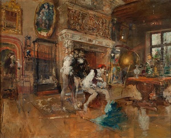 Interieur Mit Drei Mannern Beim Betrachten Eines Gemaldes Oil Painting by Mariano Jose Maria Bernardo Fortuny y Carbo