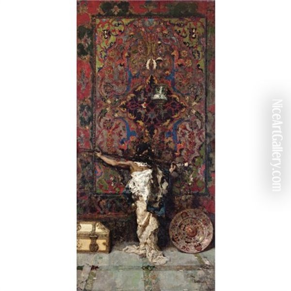 Arabe Delante De Un Tapiz (arab Before A Tapestry) Oil Painting by Mariano Jose Maria Bernardo Fortuny y Carbo