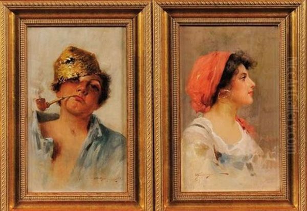 Portrait D'une Gitane (+ Portrait D'un Fumeur De Pipe; Pair) Oil Painting by Mariano Fortuny y de Madrazo