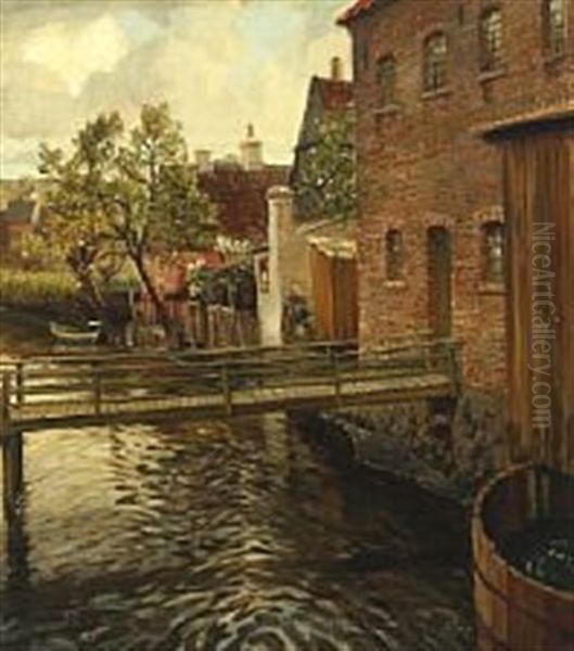 Scenery By A Canal With A Bridge And Houses Oil Painting by Carl Forup