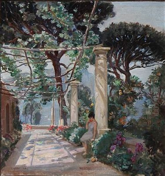 View Of Capri With A Woman Under A Pergola Oil Painting by Carl Forup