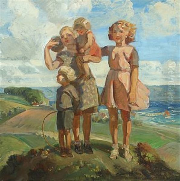 Hilltop With Siblings, In The Background View Over The Sea Oil Painting by Carl Forup