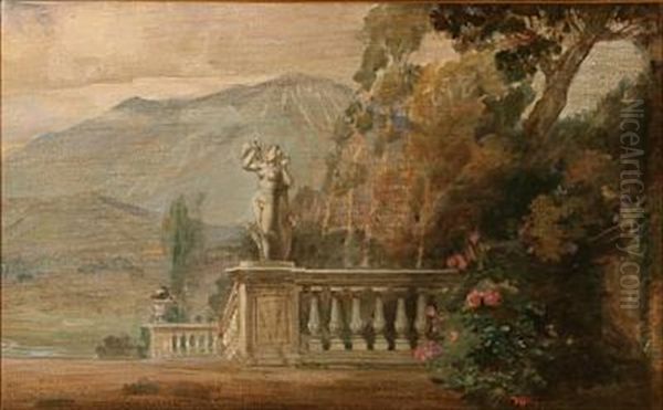 Southern Landscape With A Sculpture In The Foreground And Mountains In The Background Oil Painting by Carl Forup