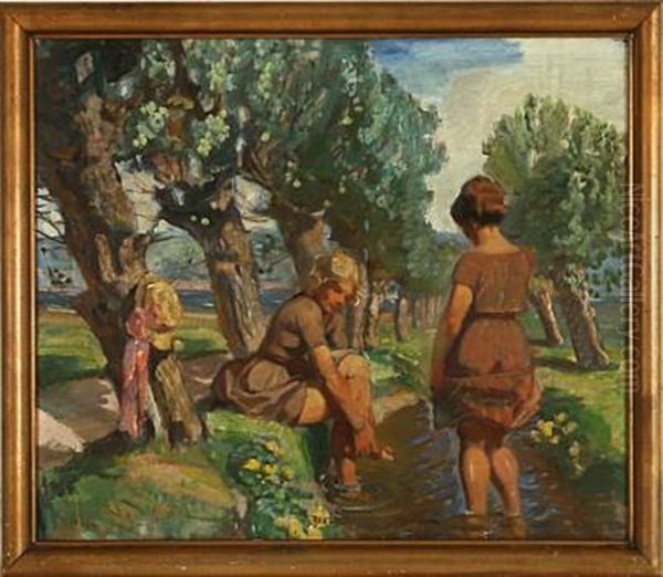 Girl Playing In A Ditch Near Willows Oil Painting by Carl Forup