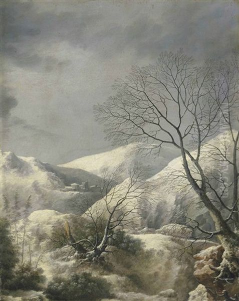 An Extensive Winter Mountainscape Oil Painting by Francesco Foschi