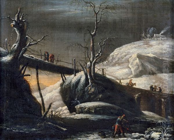 Winterlandschaft Mit Holzsteg Uber Einem Fluss Oil Painting by Francesco Foschi