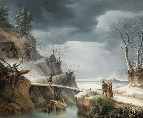 A Summer And A Winter Landscape With Fishermen And Travellers Oil Painting by Francesco Foschi