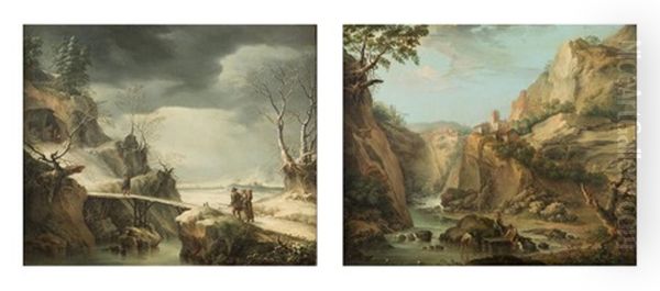 1 - Paysage D'hiver Avec Villageois En Chemin Vers Un Refuge.   2 - Pecheurs Au Pied D'une Cascade. Oil Painting by Francesco Foschi