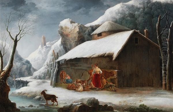 A Winter Landscape With Peasants And Their Live Stock by Francesco Foschi