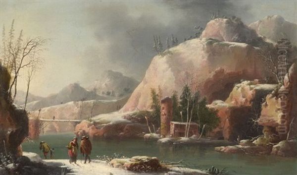 Promeneurs Aux Abords D'une Riviere Enneigee Oil Painting by Francesco Foschi