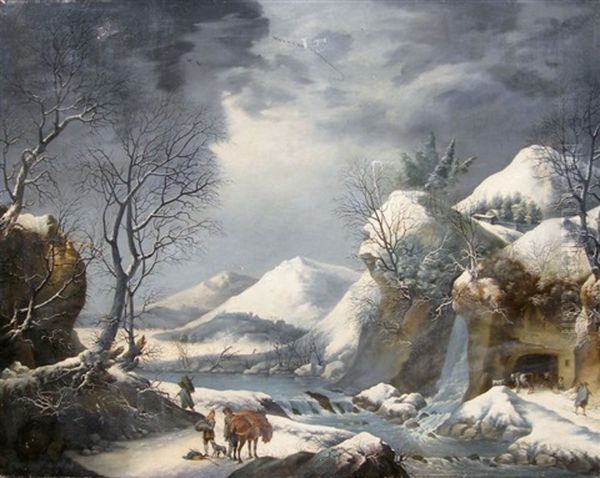 Paysage Montagneux Sous La Neige Avec Des Villageois En Chemin by Francesco Foschi