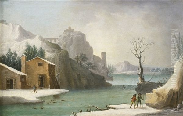 A Winter Landscape With Travellers Along A River, A Hilltop Town Beyond Oil Painting by Francesco Foschi